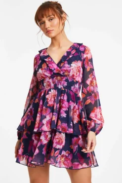 Skater Dresses*Quiz Chiffon Floral Tiered Skater Mini Dress Blue