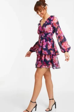 Skater Dresses*Quiz Chiffon Floral Tiered Skater Mini Dress Blue