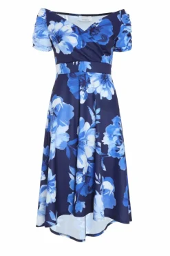 Midi Dresses*Quiz Floral Bardot Dip Hem Midi Dress Blue