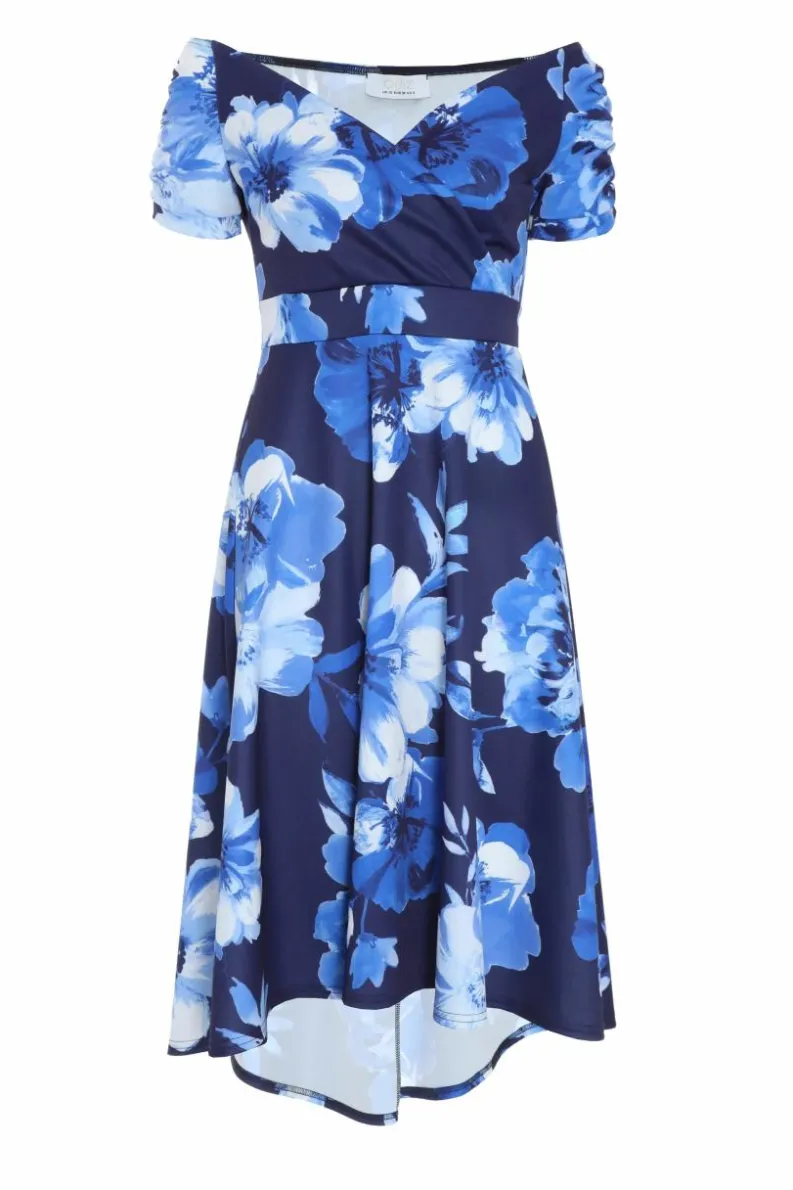 Midi Dresses*Quiz Floral Bardot Dip Hem Midi Dress Blue