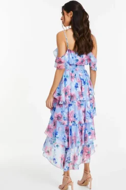 Midi Dresses*Quiz Floral Chiffon Tiered Midi Dress Blue