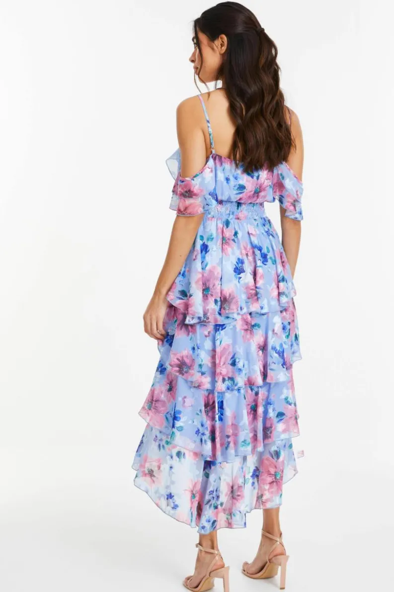Midi Dresses*Quiz Floral Chiffon Tiered Midi Dress Blue