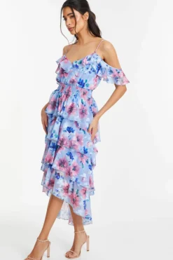 Midi Dresses*Quiz Floral Chiffon Tiered Midi Dress Blue