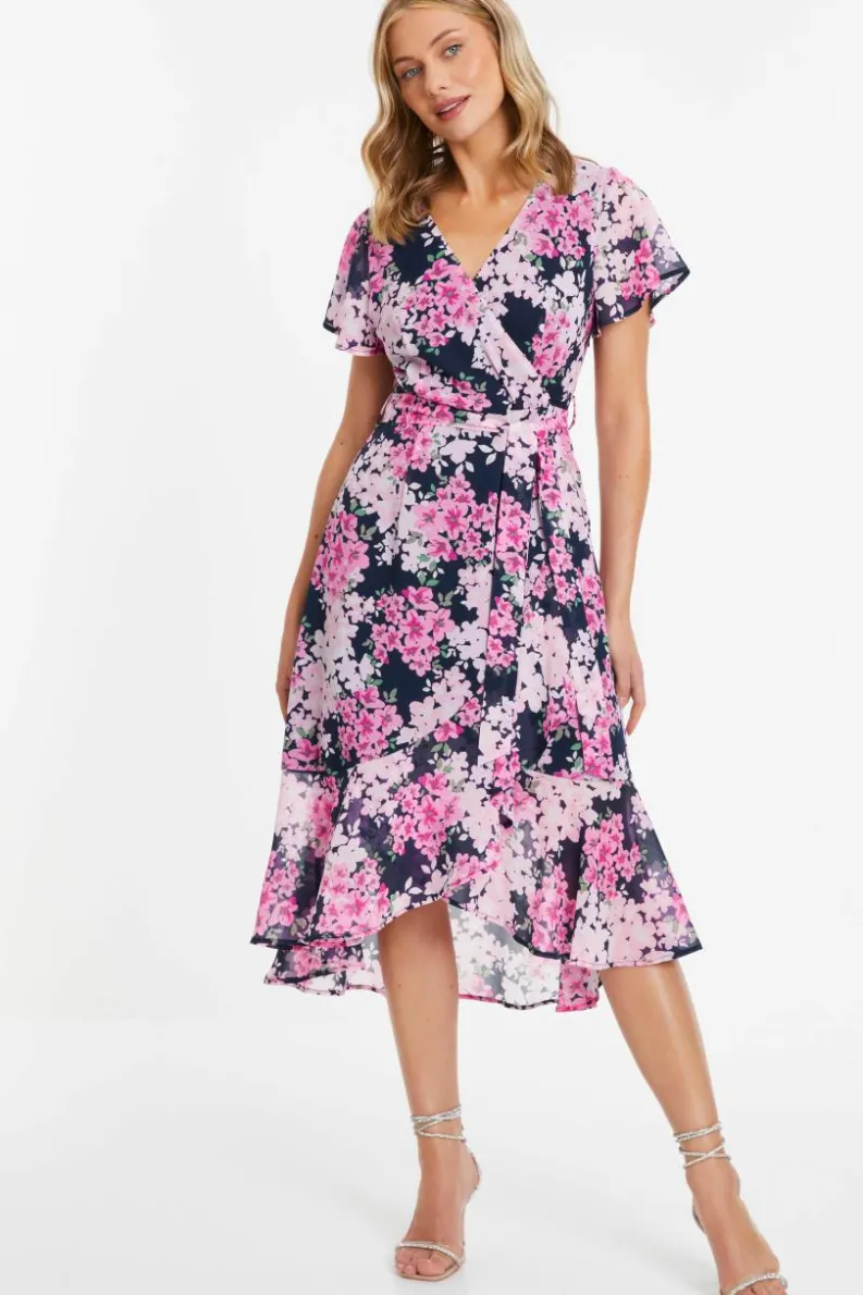 Midi Dresses*Quiz Floral Dip Hem Midi Dress Blue