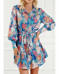Shirt Dresses*Azura Exchange Floral Print Lantern Sleeve Belted Shirt Dress Blue