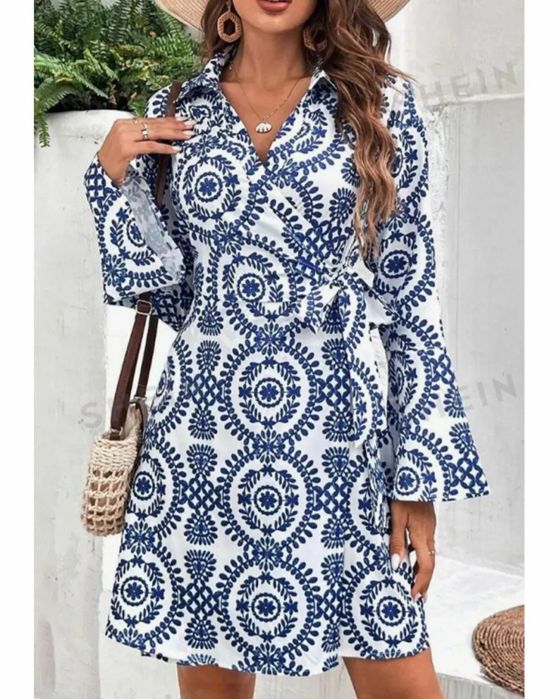 Wrap Dresses*Azura Exchange Floral Print V Neck Wrapped Knot Long Sleeve Dress Blue