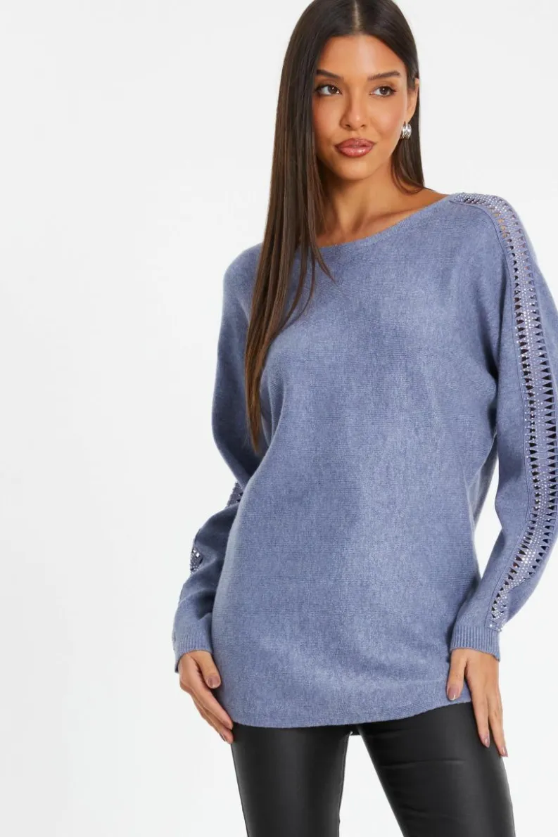 Jumpers*Quiz Light Knit Diamante Sleeve Jumper Blue