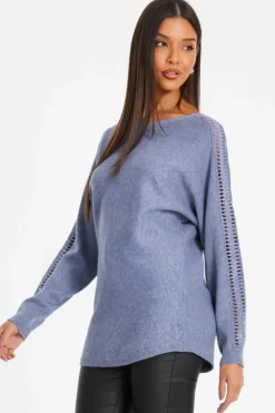 Jumpers*Quiz Light Knit Diamante Sleeve Jumper Blue