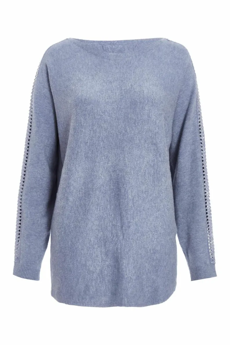 Jumpers*Quiz Light Knit Diamante Sleeve Jumper Blue