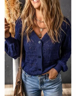 Cardigans*Azura Exchange Lightweight Buttoned Front Crochet Cardigan Blue