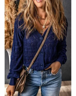 Cardigans*Azura Exchange Lightweight Buttoned Front Crochet Cardigan Blue