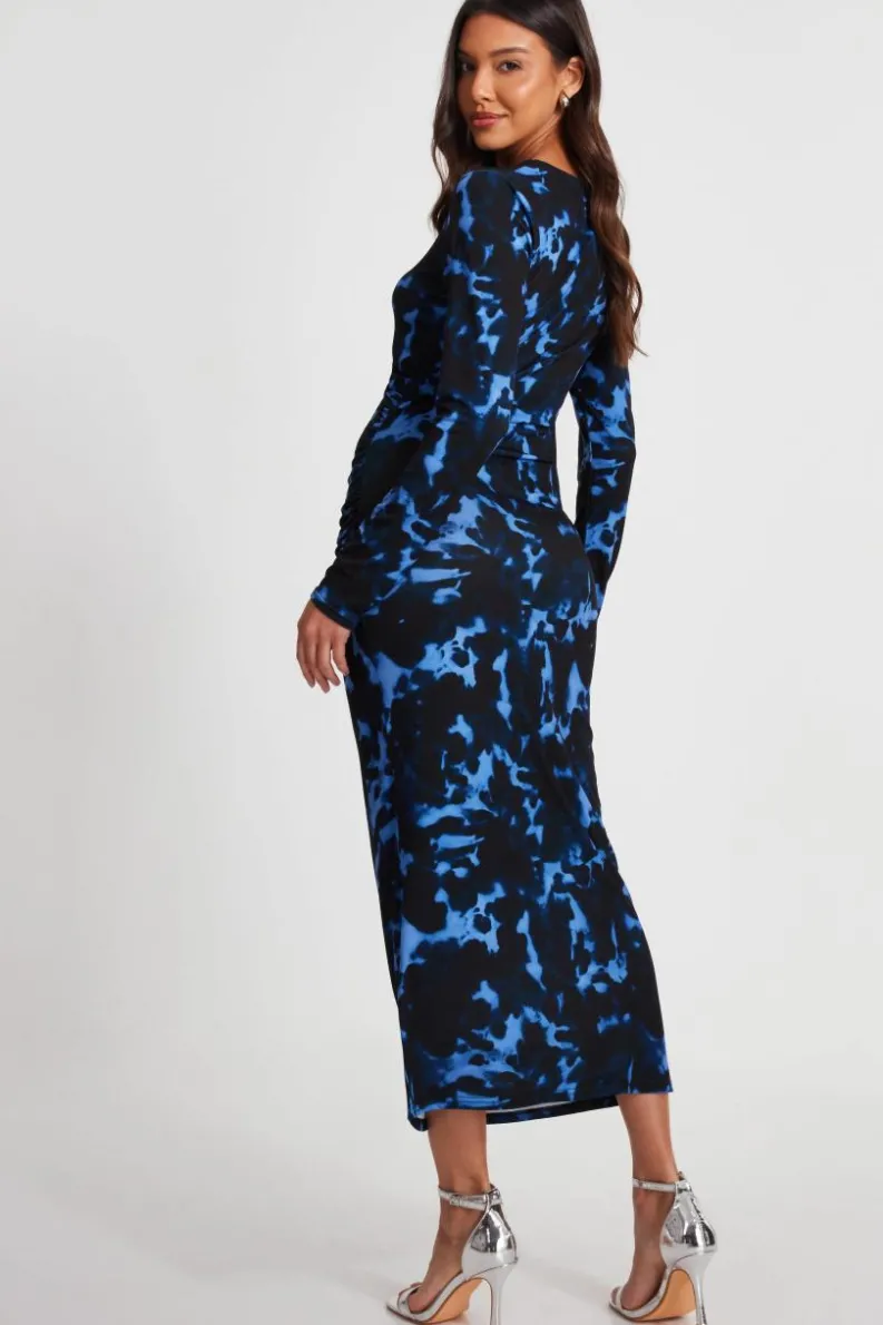 Midi Dresses*Quiz Marble Ruched Midi Dress Blue