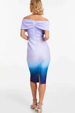 Midi Dresses*Quiz Ombre Bardot Ruched Midi Dress Blue