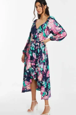 Wrap Dresses|Midi Dresses*Quiz Satin Floral Wrap Dip Hem Midi Dress Blue