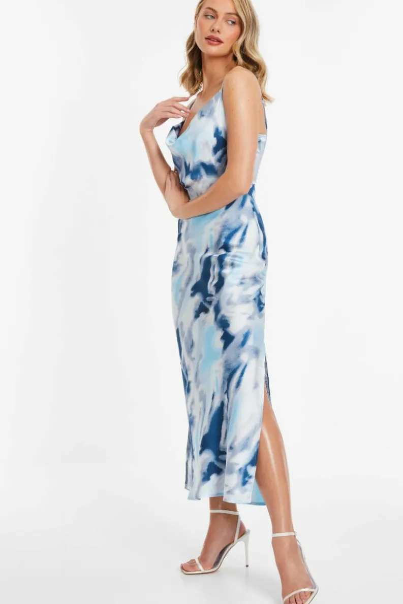 Midi Dresses*Quiz Satin Marble Print Midi Dress Blue