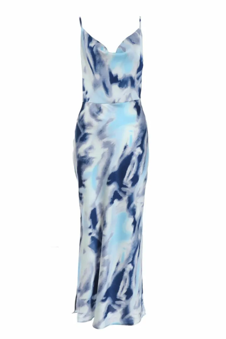 Midi Dresses*Quiz Satin Marble Print Midi Dress Blue