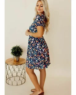 A Line Dresses*Azura Exchange Short Sleeve A-line Floral Dress Blue