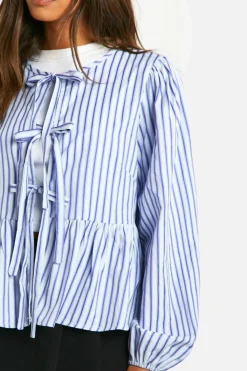 Long Sleeve Tops*boohoo Stripe Tie Front Puff Long Sleeve Smock Top blue