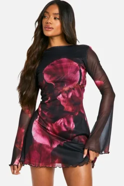Mini Dresses|Long Sleeve Dresses*boohoo Blur Floral Mesh Flare Sleeve Mini Dress black