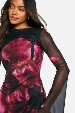 Mini Dresses|Long Sleeve Dresses*boohoo Blur Floral Mesh Flare Sleeve Mini Dress black