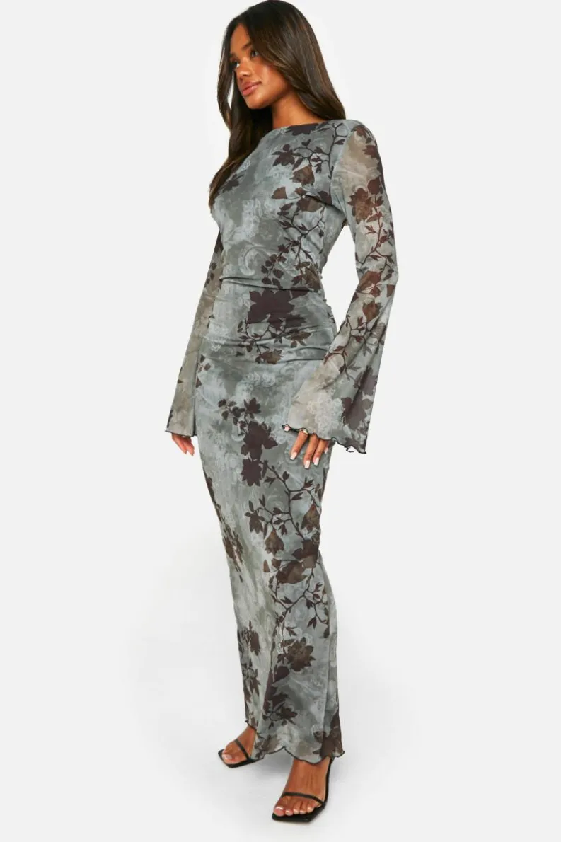 Maxi Dresses|Long Sleeve Dresses*boohoo Blur Floral Scoop Back Maxi Dress green