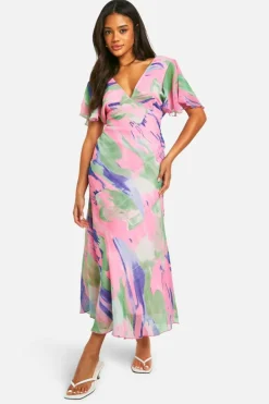 Smock Dresses*boohoo Blur Print Chiffon Angel Sleeve Midaxi Dress multi
