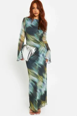 Maxi Dresses|Long Sleeve Dresses*boohoo Blur Print Scoop Back Maxi Dress green
