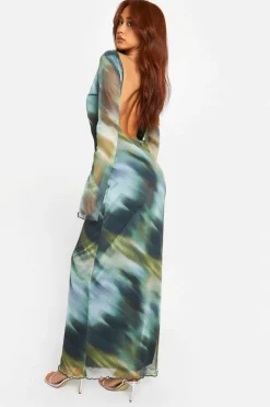 Maxi Dresses|Long Sleeve Dresses*boohoo Blur Print Scoop Back Maxi Dress green