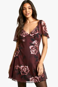 Skater Dresses*boohoo Blurred Floral Godet Mini Dress rust