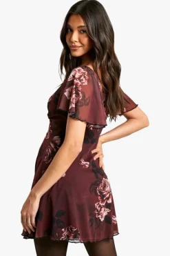 Skater Dresses*boohoo Blurred Floral Godet Mini Dress rust