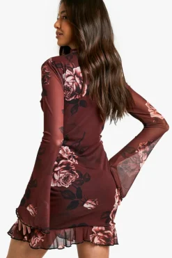 Skater Dresses*boohoo Blurred Floral High Neck Godet Mini Dress burgundy