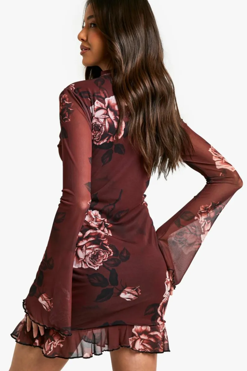 Skater Dresses*boohoo Blurred Floral High Neck Godet Mini Dress burgundy