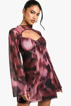 Mini Dresses*boohoo Blurred Floral Mesh Mini Dress dark pink