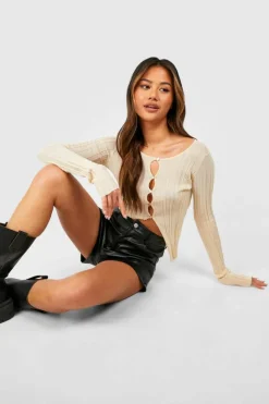 Cardigans*boohoo Boat Neck Asmmetric Sheer Rib Cardigan camel