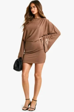 Bodycon Dresses*boohoo Boat Neck Flare Sleeve Mini Dress mocha