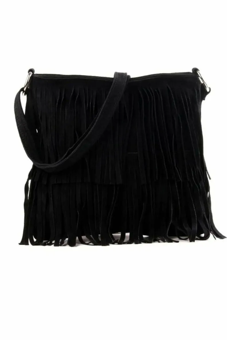 Cross-Body Bags|Handbags*Kitise Boho Style Italian Fringed Suede Crossbody Bag Black