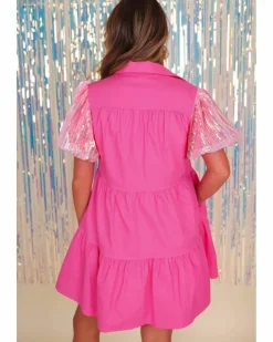 Shirt Dresses*Azura Exchange Bonbon Sequined Bubble Sleeve Tiered Ruffled Shirt Dress Multi