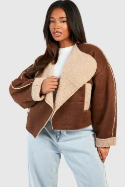 Up To 80% Off Winter Warmers|Aviator Jackets*boohoo Bonded Waterfall Collar Aviator Jacket brown
