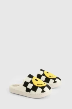 Slippers|Slippers*boohoo Borg Checkerboard Happy Face Slippers black