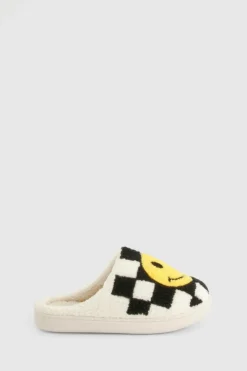 Slippers|Slippers*boohoo Borg Checkerboard Happy Face Slippers black