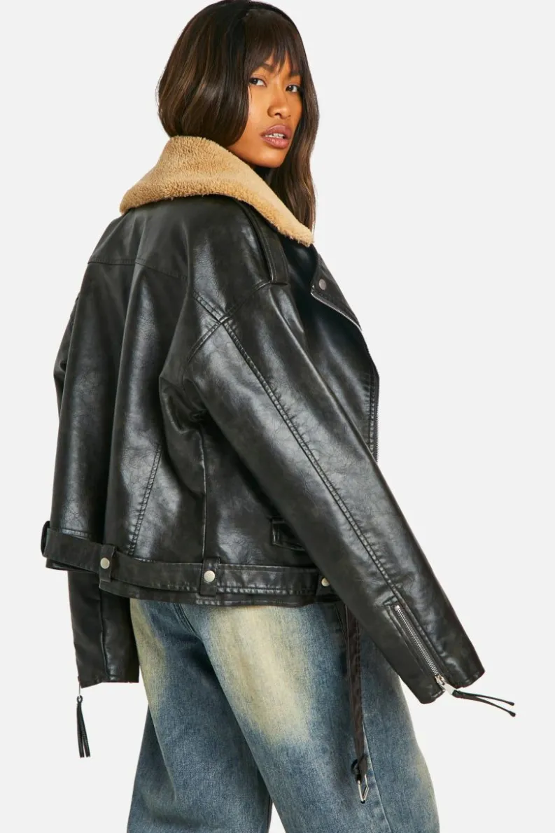 Up To 80% Off Winter Warmers|Coats & Jackets*boohoo Borg Collar Vintage Look Faux Leather Jacket black