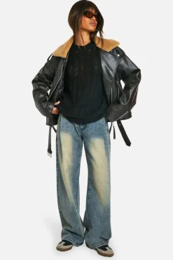 Up To 80% Off Winter Warmers|Coats & Jackets*boohoo Borg Collar Vintage Look Faux Leather Jacket black