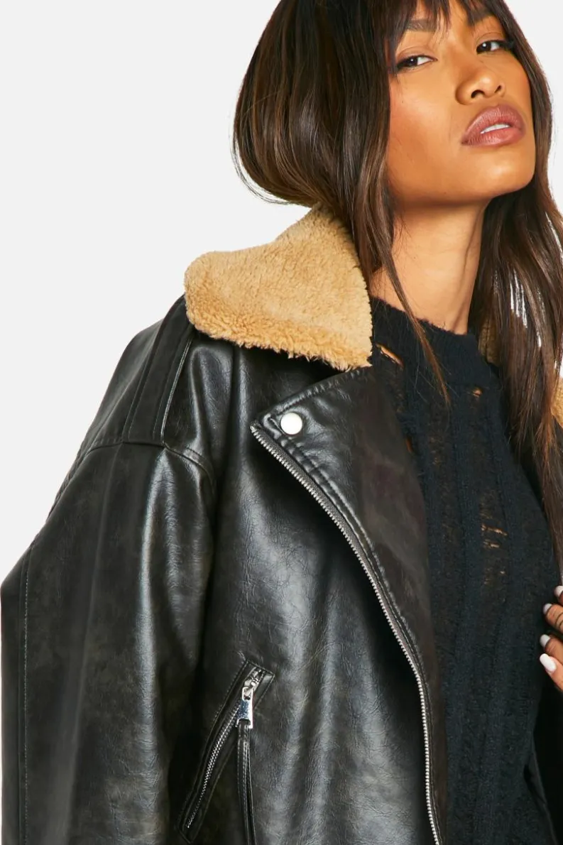 Up To 80% Off Winter Warmers|Coats & Jackets*boohoo Borg Collar Vintage Look Faux Leather Jacket black