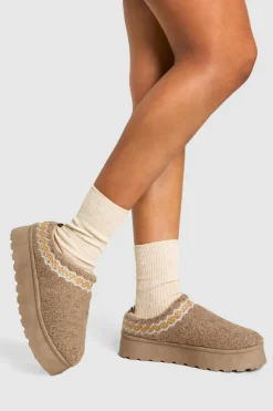 Cosy Boots|All Boots*boohoo Borg Embroidered Detail Cosy Mules mocha