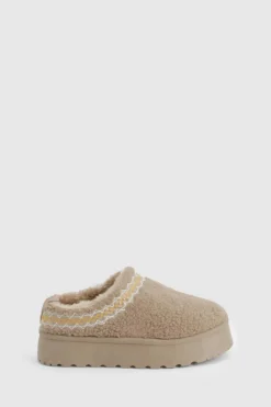 Cosy Boots|All Boots*boohoo Borg Embroidered Detail Cosy Mules mocha