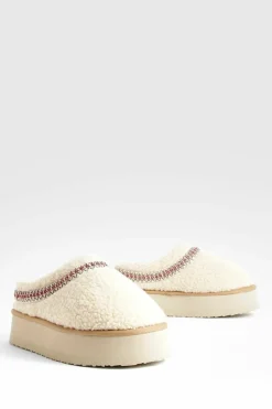 Cosy Boots|All Boots*boohoo Borg Embroidered Platform Cosy Mules beige