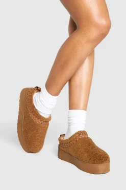 Cosy Boots|All Boots*boohoo Borg Embroidered Platform Cosy Mules chestnut