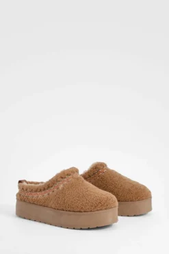 Cosy Boots|All Boots*boohoo Borg Embroidered Platform Cosy Mules chestnut
