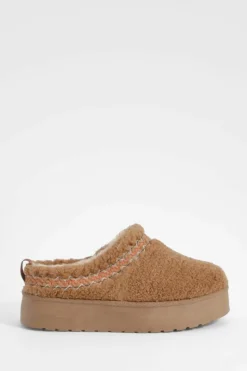 Cosy Boots|All Boots*boohoo Borg Embroidered Platform Cosy Mules chestnut