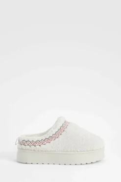 Cosy Boots|All Boots*boohoo Borg Embroidered Platform Cosy Mules cream
